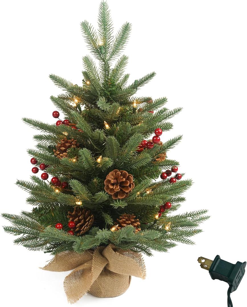 Prelighted Mini Christmas Tree 2 ft with 50 Light, 80 Tips Plug in Small Artificial Xmas Tree with Timer 24 inch Tabletop Tree Christmas Decoration for Bedroom Fireplace Mantel