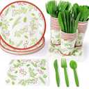 Juvale 144 Piece Christmas Party Plates, Napkins, Cups, Cutlery with Holly Berry and Leaves Design (Serves 24)