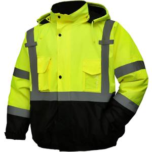 Safety jacket for men,Reflective high Visibility Hooded jacket,Hi-Vis Bomber Jacket with Pockets and Zipper,Waterproof,Black Bottom,ANSI/ISEA 107-2020 Type R Class 3,Lime
