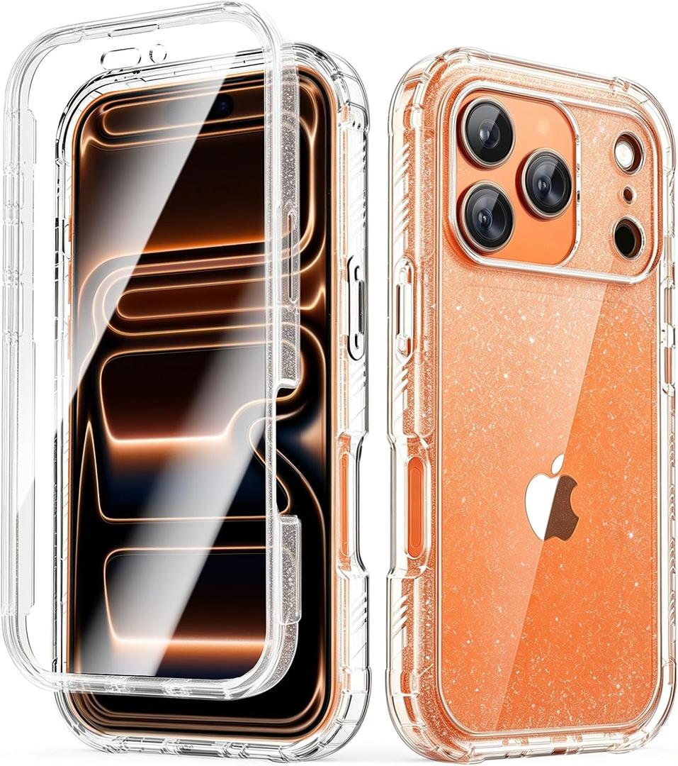 Lifedance Rugged Full-Body Case for iPhone 17 Pro, Built-in Screen Protector, 10FT Military Drop Tested, Clear Shockproof Phone Case Cover for iPhone 17 Pro 6.3", Clear Glitter