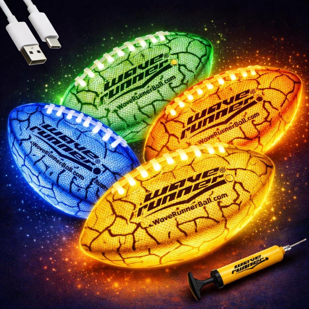 Wave Runner Glow in The Dark LED Football, Light Up Football for Kids 8-12, Junior Size Waterproof Football, Type-C Rechargeable Color Changing LED Sports Toy with Pump, Outdoor Gifts for Boys Teens
