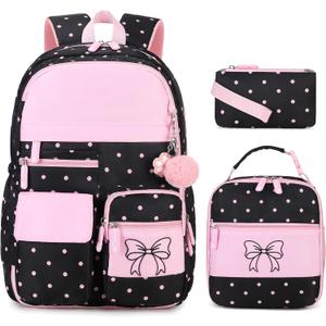 Girls Backpack, Cute Cat School Backpacks for Girls with Insulated Lunch Box Pen Case Set, Kids Backpack Kindergarten Elementary Middle School Book Bag for Teen Girl Children Students