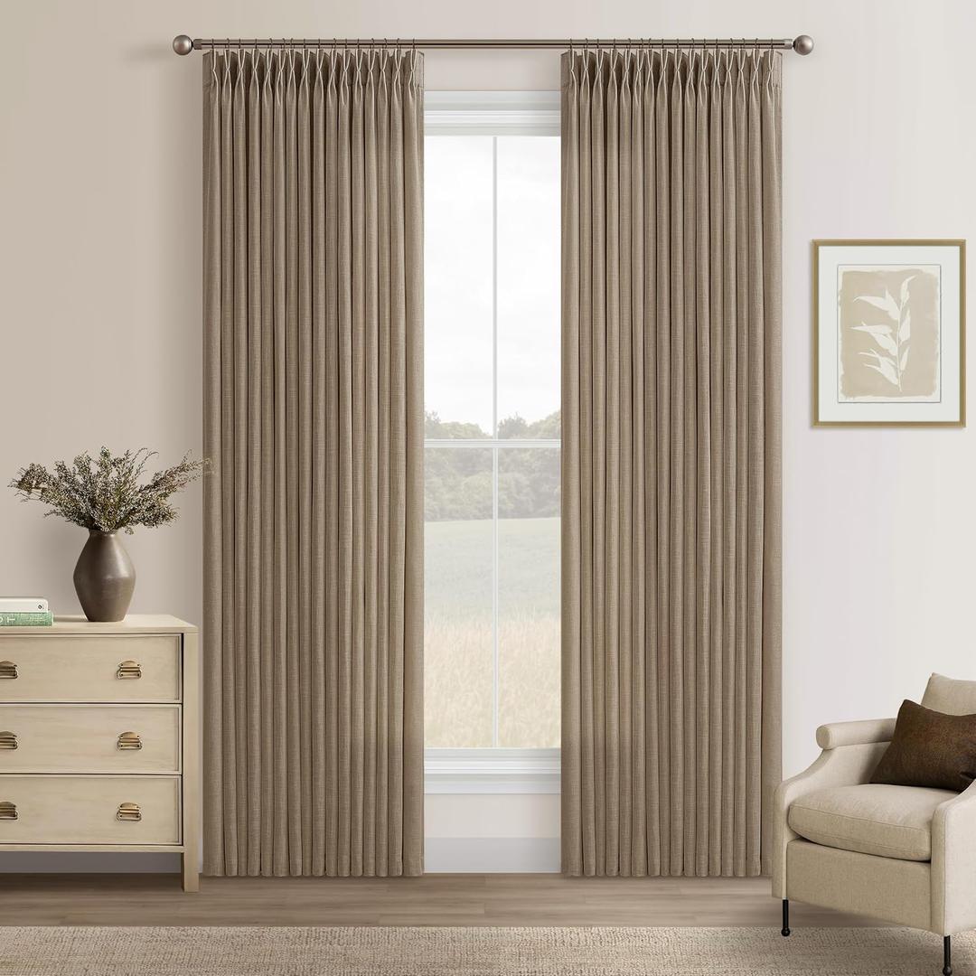 Latte Pinch Pleated Linen Curtains 84 Inches Length 2 Panels Rustic Tan Brown Light Filtering Back Tab Pleat Curtain with Hooks Rings 84 Inch Long Memory Trained Window Drapes for Living Room Bedroom