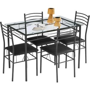 VECELO 5-Piece Kitchen Dining Table Set, Glasses Tabletop & Heavy-Duty Metel Frame, Rectangle Dinette with 4 Chairs for Small Space, Breakfast Nook, Glasses & Black