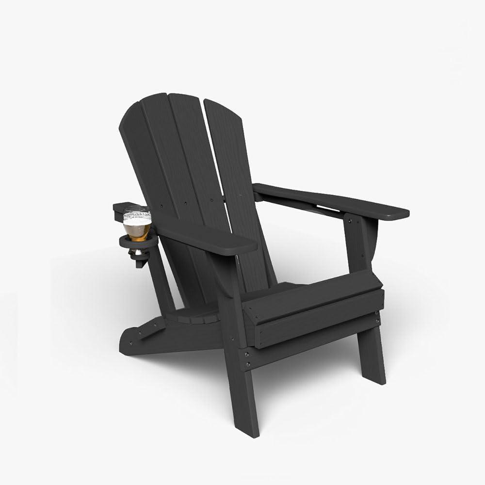Folding Adirondack Chair with Cup Holders HDPE Plastic Outdoor Chairs, Weather Resistant, Real Wood Look for Patio, Deck, Fire Pit, Backyard, Black