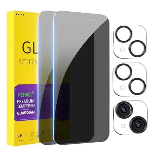 PEHAEL 2+2 Pack for iPhone 15 Privacy Screen Protector with Camera Lens Protector Full Coverage Anti-Spy Tempered Glass Film 9H Hardness Easy Installation Bubble Free [6.1 inch]
