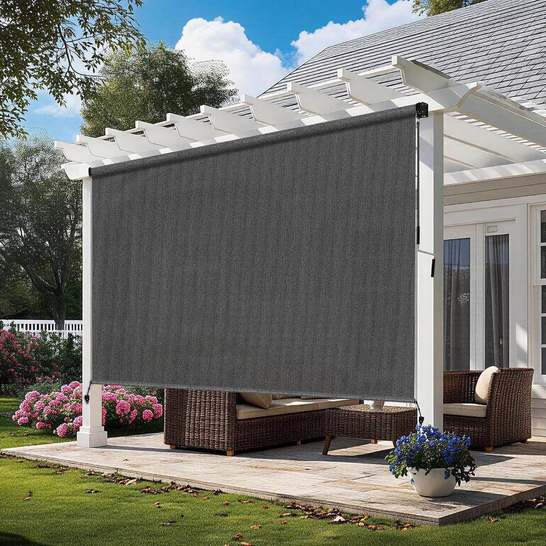 Outdoor Roller Shades for Patio 6'Wx8'H Gray, 90% UV Block & Privacy Protection Outdoor Blinds, Cordless Porch Shades Outdoor Roll Up with Splicing Design 15-Min Install
