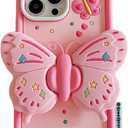 Silicone iPhone 13 Pro Max/12 Pro Max Case with Stand Cute Pink Butterfly Heavy Duty Protective Case Cover for iPhone 12 Pro Max/13 Pro Max Women Girls Girly Cool Funny Kawaii 3D Phone Cases