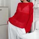 Cioatin Women Oversized Long Sleeve Sheer Mesh Knit Sweater Tops Y2K Summer Loose Hollow Out Pullover Jumper Shirt Beach Red (Red, S)