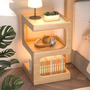 HOMEMORE Solid Wood Side Table Glass Nightstand Modern Nightstand Modern end Table No Assembly Required Accent Table for Living Room,Bedroom Log Color