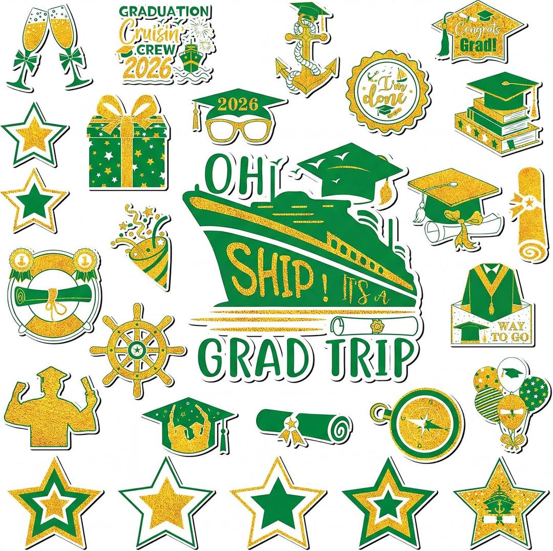 Tellegloww 27 Pcs Graduation Cruise Door Magnets 2026 Graduation Cruise Door Decorations Magnetic Congrats Grad Magnet for Carnival Cabin Party Grad Trip End of School Car Refrigerator(Green Gold)
