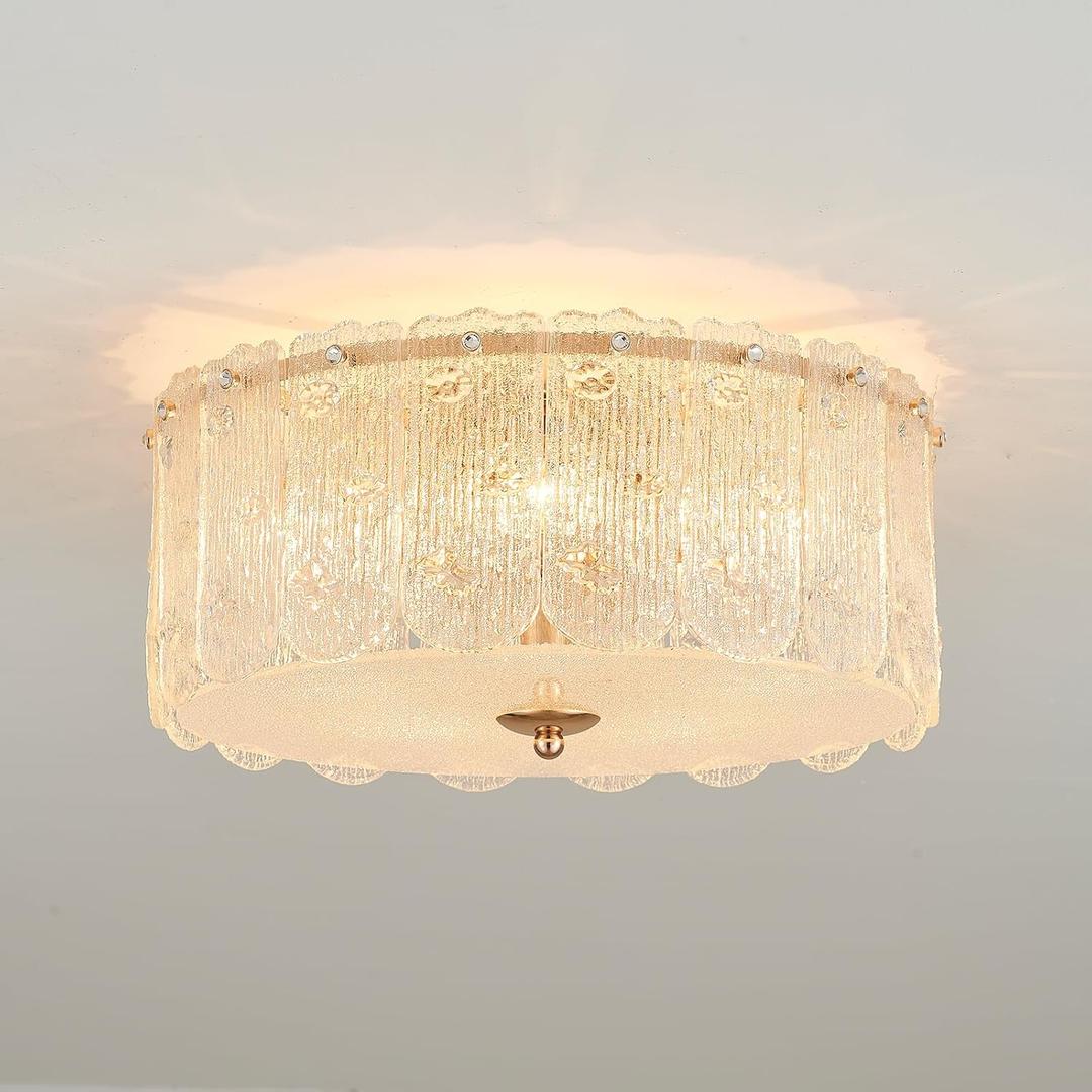 15" Textured Glass Semi Flush Mount Ceiling Light Classic Crystal Brass Chandelier Modern Luxury Ceiling Lighting Fixtures for Kitchen Bedroom Living Dining Room, UL Listed