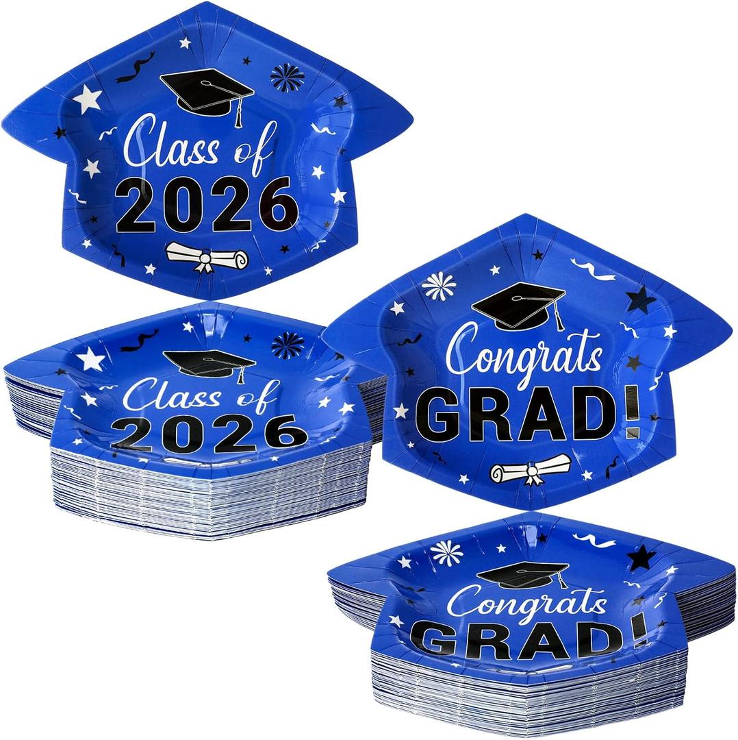 Havawish 100 Pcs Graduation Cap Paper Plates Disposable 2026 Graduation Party Plates 9.8 x 6.7 inch Congrats Grad Paper Decorative for Cocktail Party Favors Supplies, Serve 100(Blue)