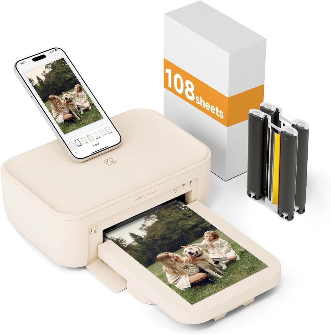 HPRT Photo Printer 46, Wi-Fi Full-Color Instant Phone Photo Printer for iPhone, Android, Smartphone, Thermal Dye-Sublimation Impresora De Fotos for Home Use, + 108 Sheets Photo Paper & 2 Cartridges