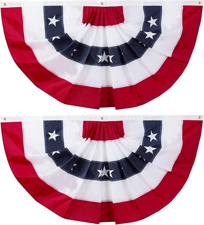 58"x27" USA Patriotic Nylon Bunting Pleated Flag, 2 Sided, Embroidered Stars, Sewn Stripes, Grommets- July 4th American Flag Decor Outdoor Use- Inside Outside Porch Rail or Window Decoration (2 Pack)