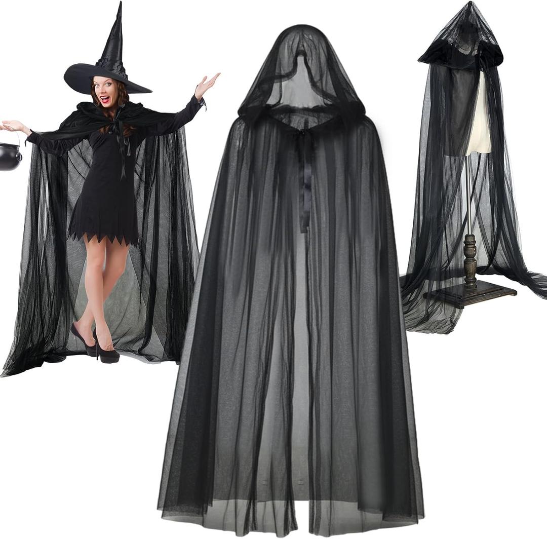 Maiteenly 2 Pcs Halloween Witch Cape for Women Black Lace Cape Costumes Set Lace Cloak with Oversized Hood and Black Pointed Witch Hat for Women Cosplay Party Costume