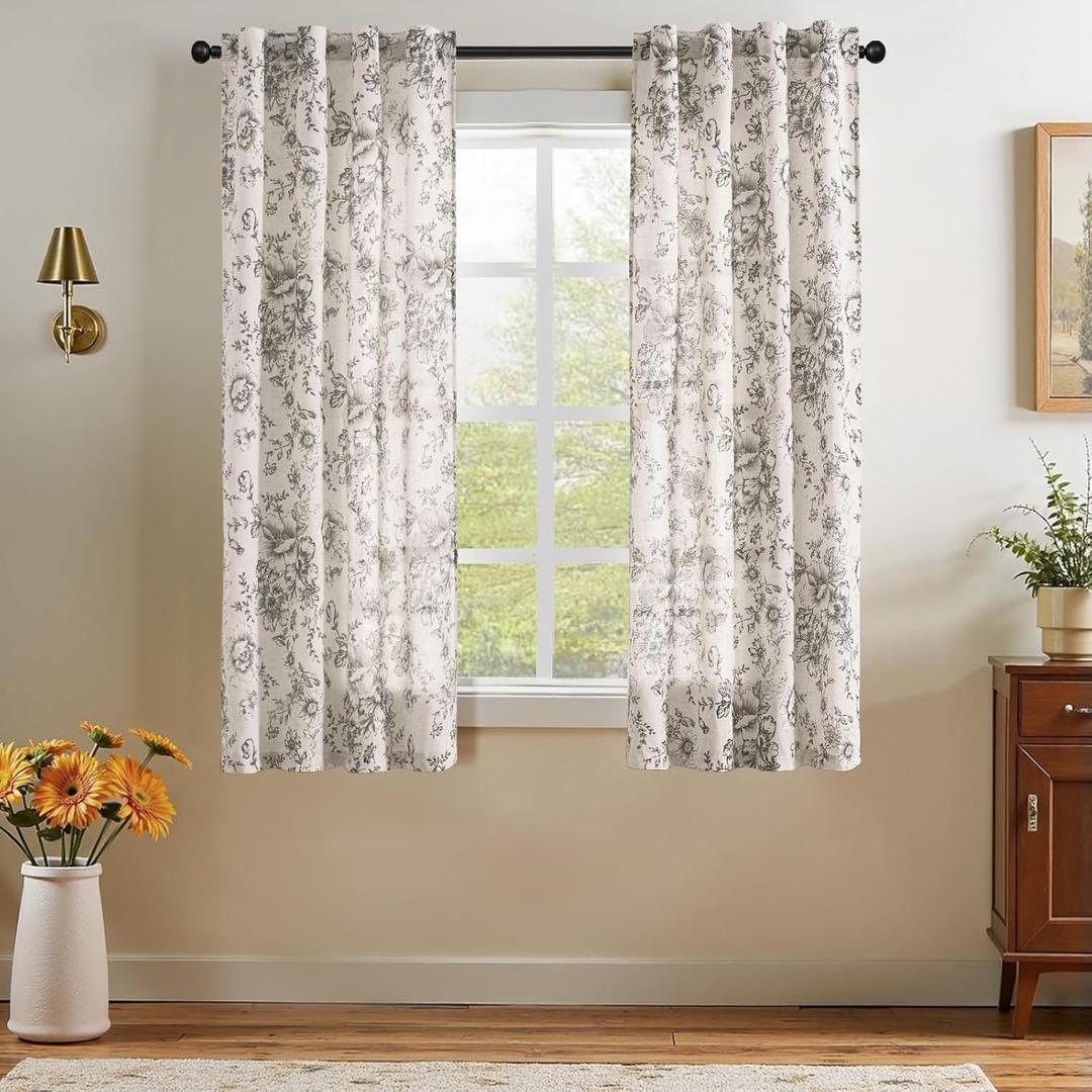 jinchan Linen Floral Curtains 63 Inch Length for Living Room Bedroom Light Filtering Farmhouse Peony Flower Drapes Rustic Window Curtain Set Rod Pocket Back Tab 2 Panels Black