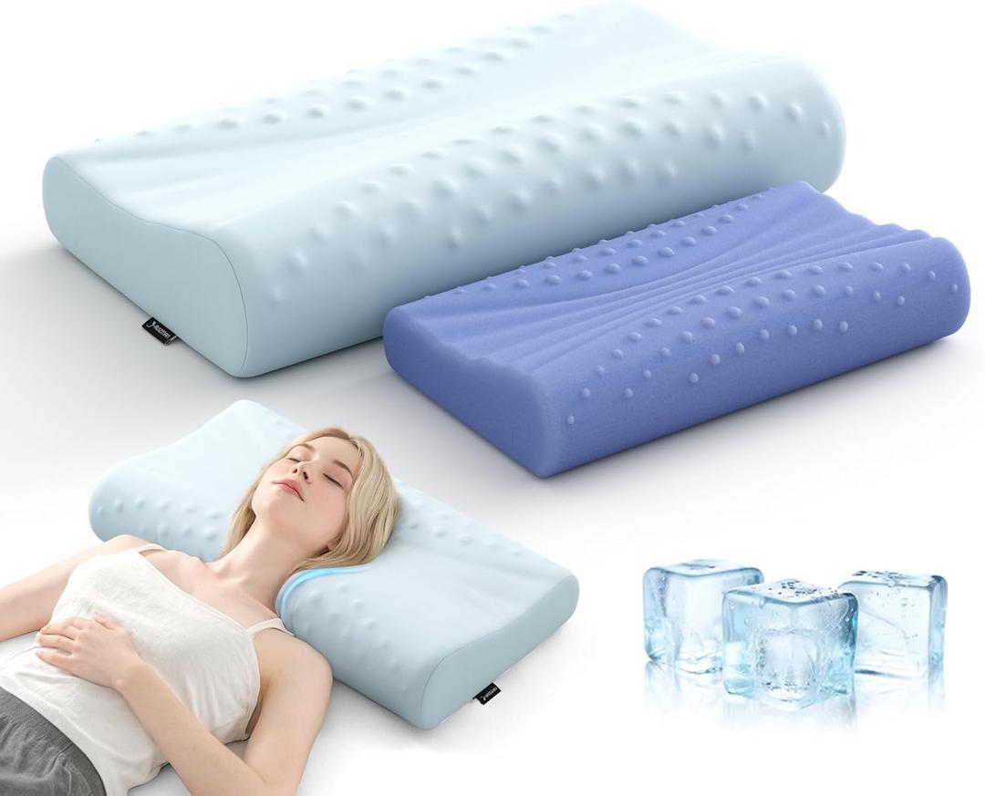 Memory Foam Contour Pillow - Cooling Cervical Neck Pillow for Sleeping - Patented Ergonomic 2 Heights Design Contour Pillow for Side Back Stomach Sleepers (Light Blue) (Standard Size/ Blue)