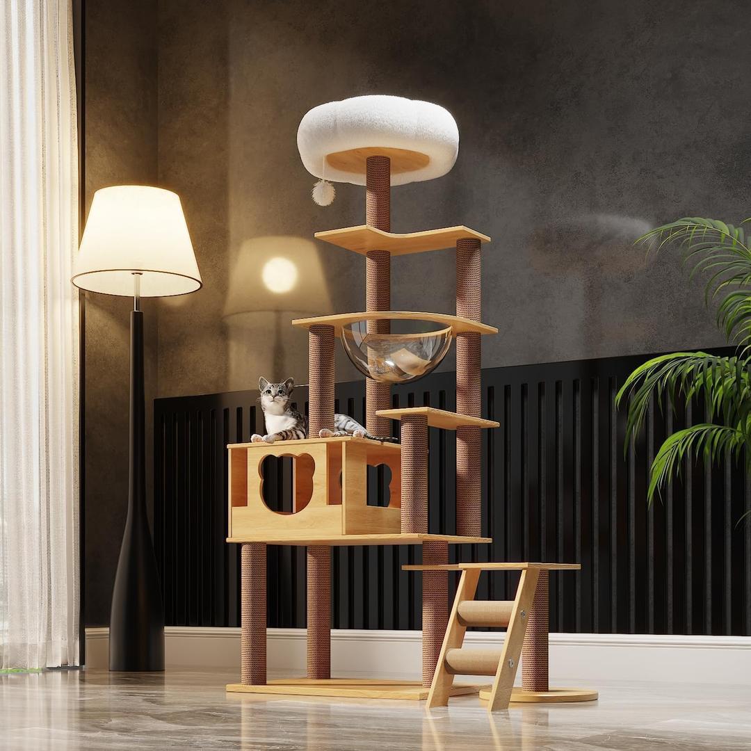 65-Inch Multi-Pure Wood-Level Cat Tree Tower with Condo, 13 Scratching Posts, with Padded Platform Bed, Toy Balls, and Sisal Scratching,Cat Tree for Indoor Cats Large AdultWood cat Tree.