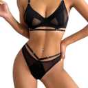 WDIRARA Women's Contrast Mesh Cut Out Underwire 2 Piece Lingerie Set Bra and Panty Set Black S