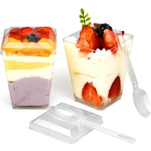 5-ounce Transparent Square Dessert Cups (50 dessert Cups+50 Lids+50 Spoons)