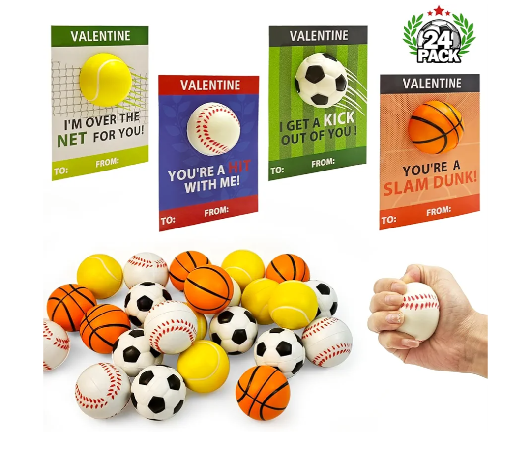 Stress Ball Valentines Day Cards Gifts for Kids Classroom -24 Pack, Mini Foam Sports Toys with Exchange Cards for Boys School, Valentines Goodie Bag Stuffer Class Treats Prizes for Preschool Toddlers