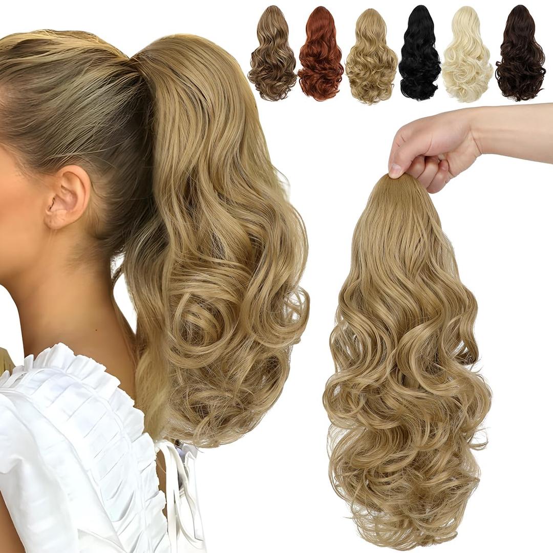FELENDY 15" Ponytail Extension Drawstring Curly Wavy Ponytail Extensions Clip in Long Pony Tails Hair Cute Synthetic Piece for Women Ash Blonde