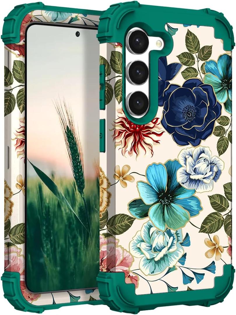 Hocase for Galaxy S24 Plus Case, Shockproof Heavy Duty Protection Soft Silicone Rubber Bumper+Hard Plastic Hybrid Protective Case for Samsung Galaxy S24 Plus (6.7") 2024 - Teal Flowers