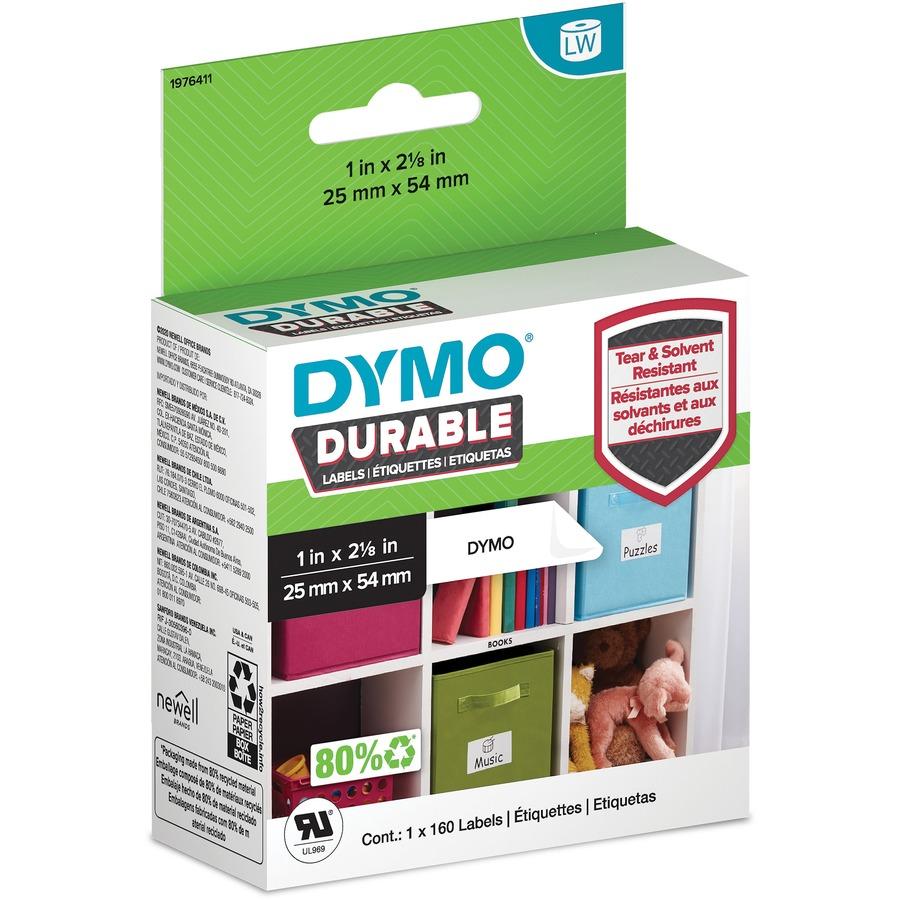 Dymo LabelWriter Labels - 1" Width x 2 1/8" Length - Permanent Adhesive - Thermal Transfer - White - Plastic, Polypropylene - Water Resistant - 160 / Roll - 160 / Roll