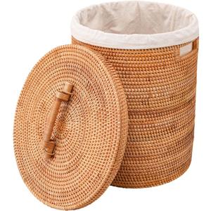 Rattan Laundry Hamper With Lid, Rattan Laundry Basket With Removable Liner Bag Handles (13.8" xL13.8"xW15.7"H (Round Brown-Lid)
