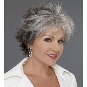 SCENTW Short White to Grey Wigs for White Women Natural Curly Short Layered Silver Gray Pixie Cut Wigs with White Bangs Synthetic Hair Black Silver WIG for Older Women