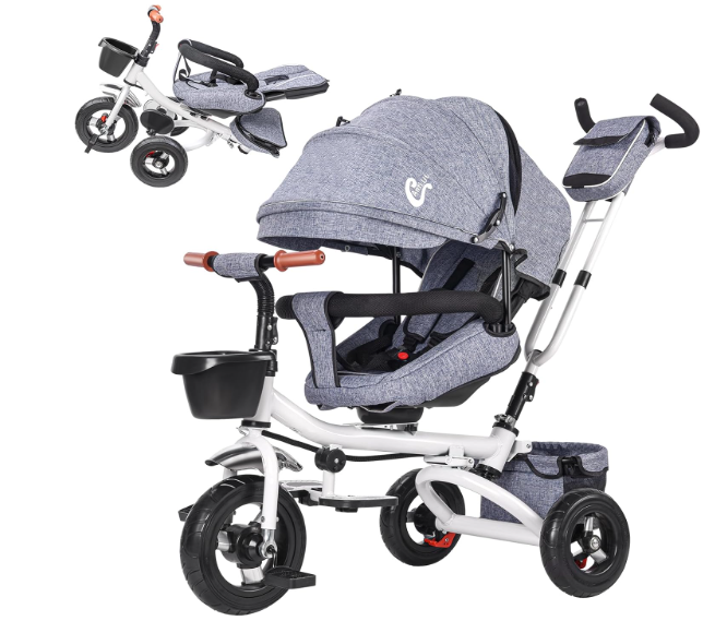 Baby Tricycle, 4-in-1 Folding Smart Baby Kids Bike Trikes Stroller with Handle, 360°Swivel Seat, 3-Gear Adjustable Carport and Seat Backrest, Adjustable Push Tricycle for Kids 1-6 Years