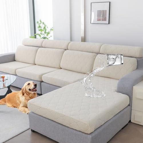 Genina 100% Waterproof Couch Cushion Covers for Pets - Stretch Sofa Seat Cover for Dogs Jacquard Non Slip Sectional Couch Covers Sofa Slipcovers Washable (1 Piece, Large, Ivory)