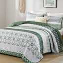 WONGS BEDDING Green Quilt Set King Size,Boho Striped Patchwork Bedspread Coverlet Set,3 Pieces Microfiber Bedding Set for All Seasons (104"90")