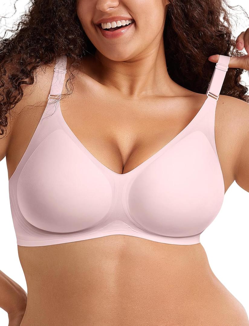 LetsJoli Push Up Seamless Bras for Women No Underwire Support and Lift V Neck Wireless Full Coverage Bralettes Everyday Bras (Pink, S)