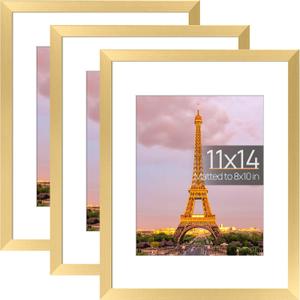 upsimples 11x14 Picture Frame Set of 3, Made of High Definition Glass for 8x10 with Mat or 11x14 Without Mat, Wall and Tabletop Display Photo Frames, Gold