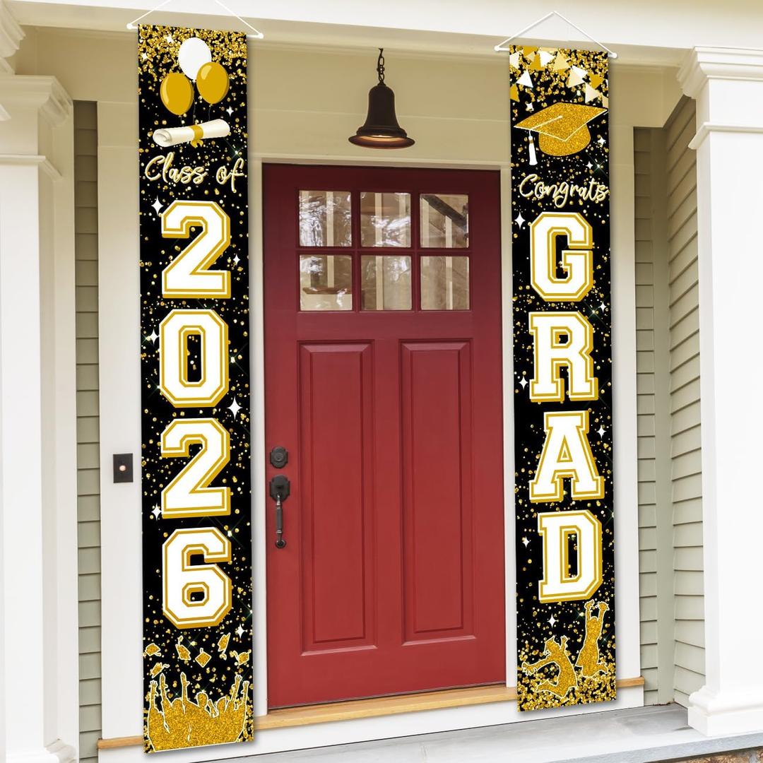 2 x Class of 2026 Graduation Decorations Black and Gold Congrats 2026 GRAD Porch Sign Banner for High School and College Graduation Party Decoration