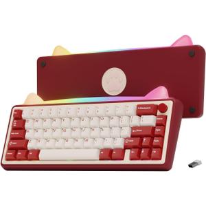 OOCTPK Chilkey Foxy65 Mechanical Keyboard with Knob, Gasket Mount 65% Aluminum Wireless Mechanical Keyboard, BT5.0/2.4GHz/USB-C, Hot Swappable, RGB Backlit Computer Custom Key Board for PC (Pink Lotus Linear Switch, Beige Red)