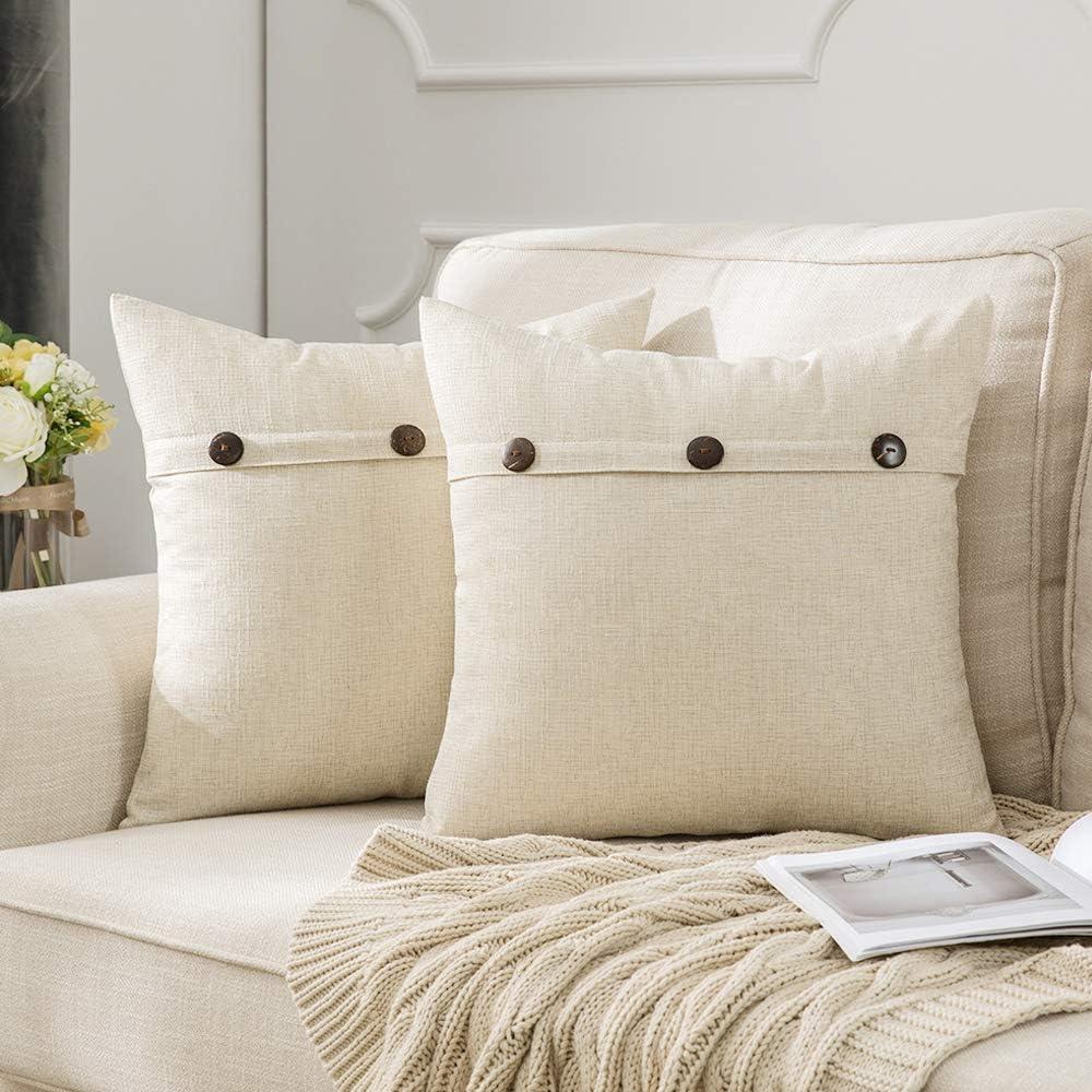 MIULEE Set of 2 Decorative Linen Throw Pillow Covers Cushion Case Triple Button Vintage Farmhouse Pillowcase for Couch Sofa Bed 16 x 16 Inch Cream White (16" x 16" (Pack of 2), Cream White)