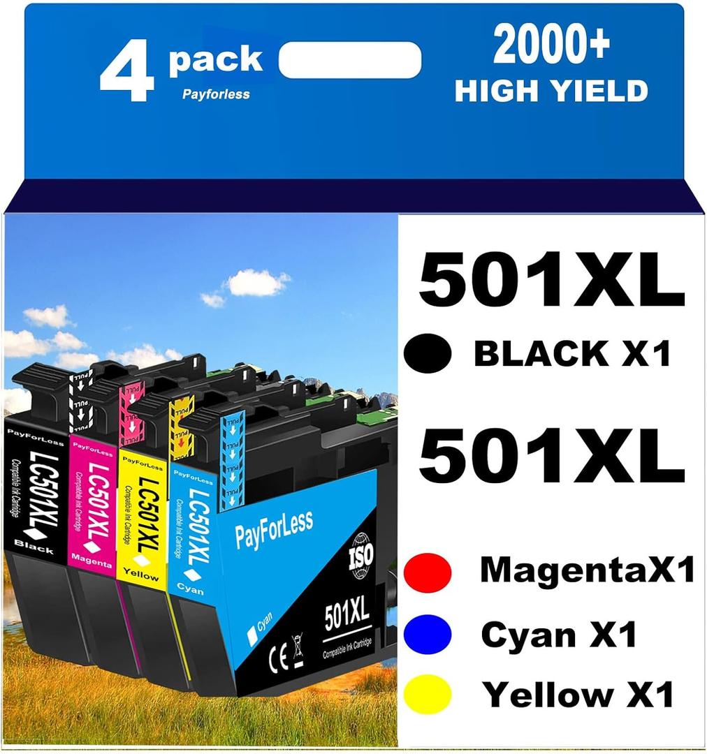 PayForLess LC501XL LC501 Ink Cartridges for Brother LC501 Ink Cartridges 501 501XL for Brother MFC-J1260DW MFC-J1360DW MFC-J1410DW Printer 4 Pack (1 Black, 1 Cyan, 1 Magenta, 1 Yellow)