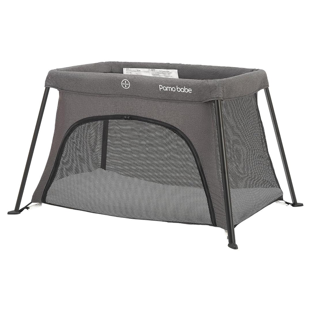 Pamo Babe Travel Crib - Lightweight Baby Playard with Zip Door, Carry Bag for Airplane - Easy to Carry (Grey)