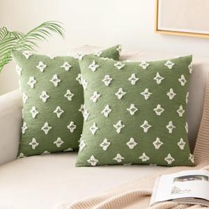 MIULEE Set of 2 Sage Green Decorative Throw Pillow Covers Rhombic Jacquard Pillowcase Soft Square Cushion Case for Couch Sofa Bed Bedroom Living Room 18x18 Inch