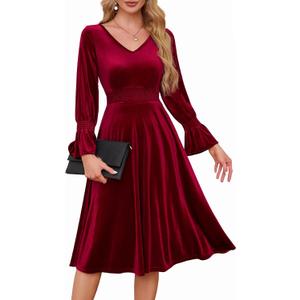 Meetjen Women's Velvet Midi Dress V Neck Long Sleeve Elastic Waist Smocked Elegant Cocktail Party Dresses 2025 (S, Dark Red)