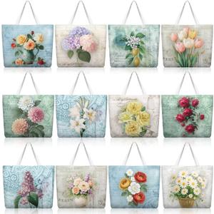 Bencailor 12 Pcs Spring Floral Canvas Tote Bags Bulk Reusable Flower Tote Gift Bags with Handles Aesthetic Wildflowers Shopping Grocery Handbags for Women Spring Gifts
