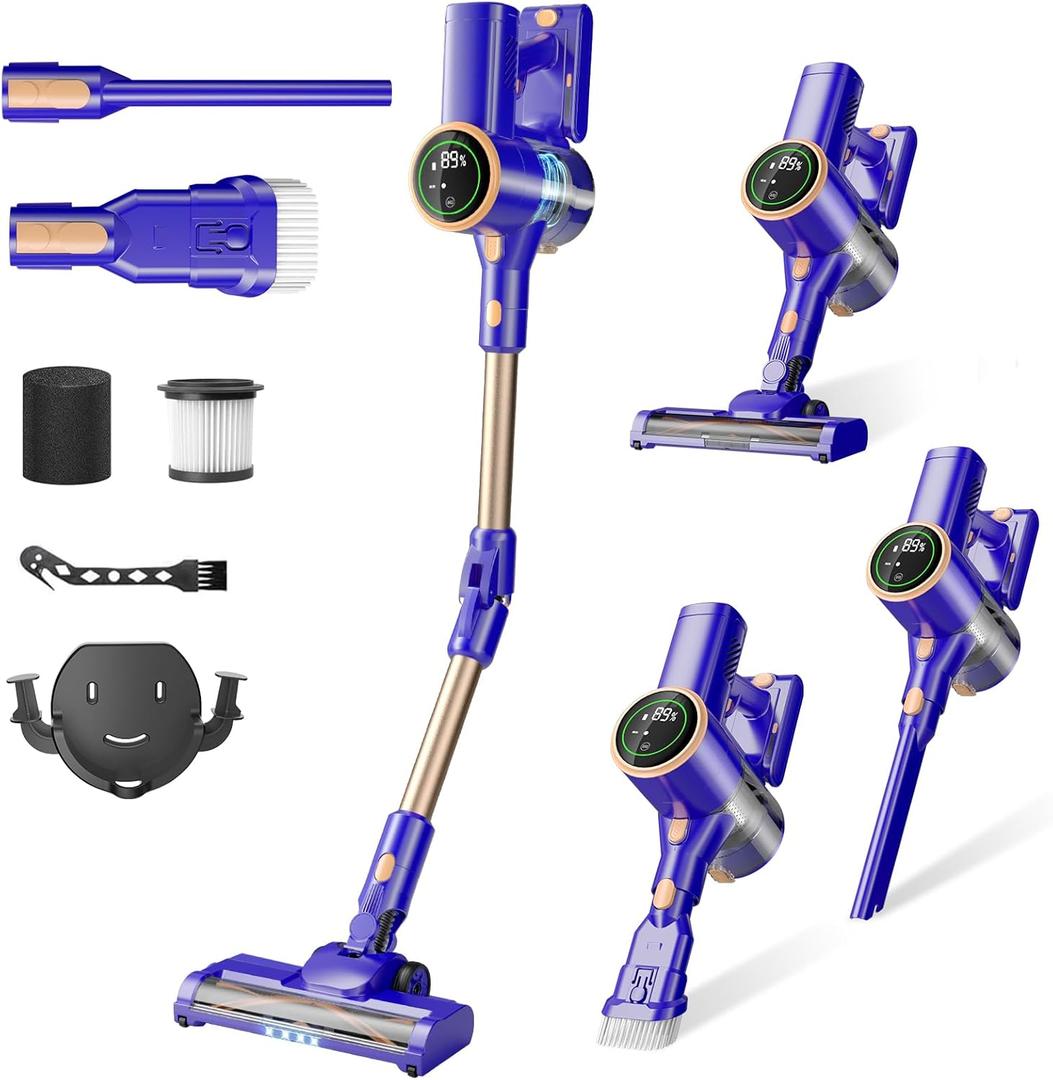 Cordless Vacuum Cleaner, 180 Bendable Wand Stick Vacuum Cleaners with Touch Screen, 8-in-1 Vacuum with Lightweight Rechargeable Battery, Longlasting Runtime for Home Hard Floor Low-Pile Carpet (Blue)