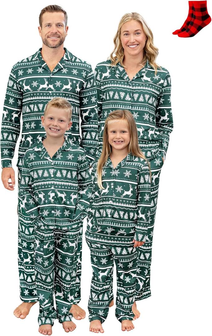 PATPAT Family Christmas Pajamas Matching Sets, Button-Down Pjs Includes Buffalo Plaid Socks Cozy Pajamas for Family (L)
