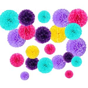 Acqua Blue Purple Yellow Rose Pink Tissue Paper Pom Poms Flower Set-30PCS Ideal for Birthday,Bridal Showers,Wedding,Baby Shower Party Decorations (12",10",8",6)
