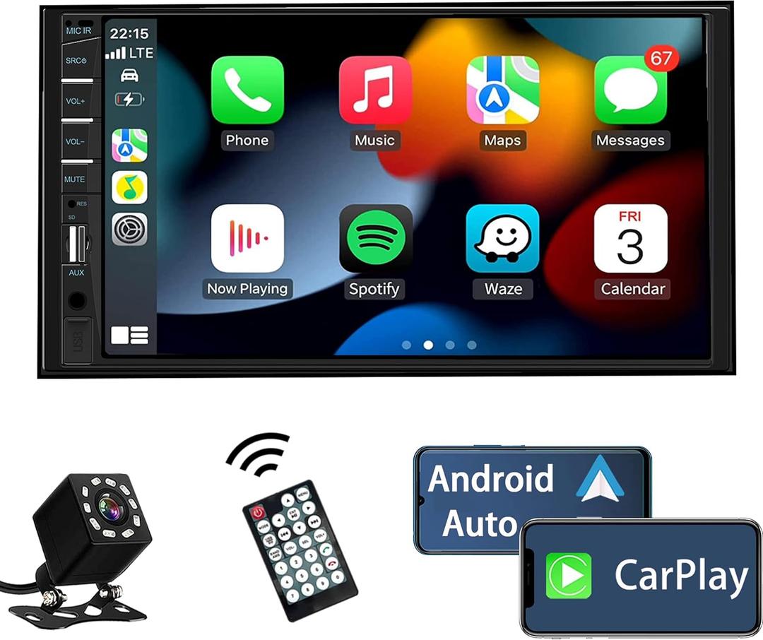Naifay Double Din Car Stereo Compatible with Apple Carplay and Android Auto, 7 inch HD Touchscreen Car Radio Car Audio Receivers, Bluetooth, Backup Camera, Mirror Link, USB/ AUX/ TF/ Subwoofer, FM Radio