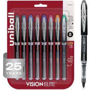 Uniball Vision Elite Rollerball Pens, Micro Point (0.5mm), Assorted Colors, 8 Pack