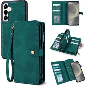 TwoHead for Samsung Galaxy S24 Wallet Case with Card Holder,Detachable Magnetic Phone Case for Galaxy S24,PU Leather Shockproof Protective Phone Cover Wallet with Wrist Strap(6.1 in,Green)